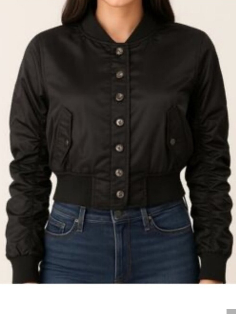 Choosy Black Cropped Ruched Sleeve Bomber Jacket NWOT